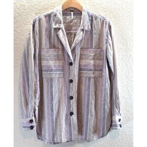 Free People Women Cotton Button Front Oversized Small Shirt Striped Boho Earthy.